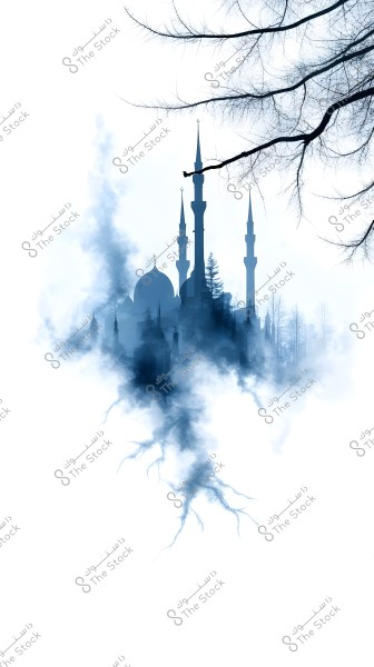An image shows a silhouette of a mosque with domes and minarets in the middle of a background of light gray smoke or clouds. In the upper right corner, bare tree branches are visible without leaves.
