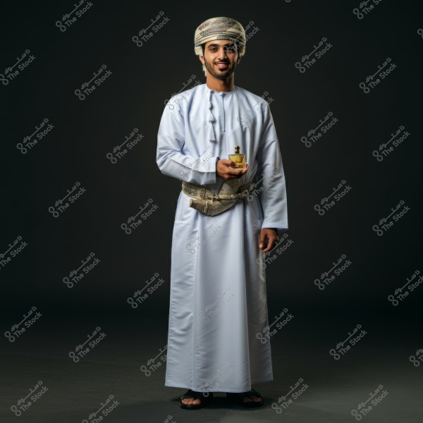 A portrait of a man wearing traditional Omani attire, smiling while standing in a studio with a dark background. He is wearing an ornate turban on his head and has an Omani dagger secured above an embroidered fabric belt. In his hand, he holds a gold-colored perfume bottle. Likely from Oman.
