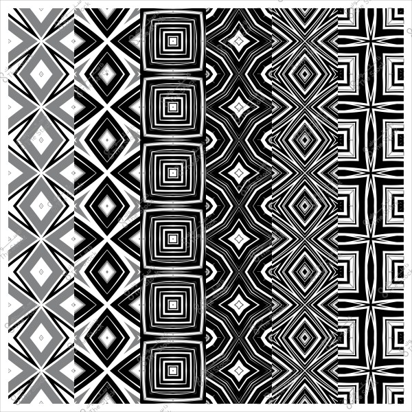 أنماط هندسية بالأبيض والأسود تتضمن أشكال مربعات ومثلثات متداخلة.