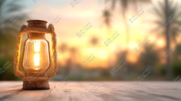 An old gas lantern is placed on a wooden table in the foreground, with palm trees in the distant background against a sunset. The scene features warm lighting and soft shadows, adding a sense of calmness and romance to the image.