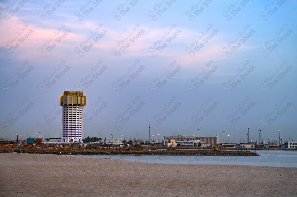 A natural view of the Jeddah Islamic Port Tower showing a clear sky during the day, ports, port.