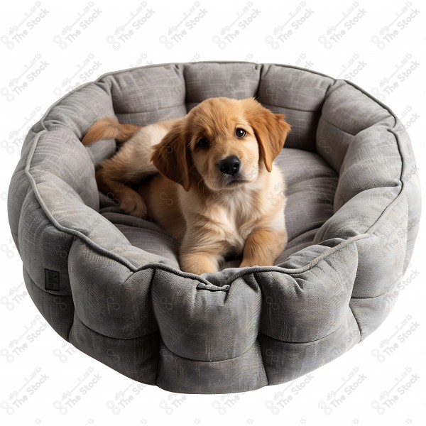 A golden puppy lying in a round grey bed. by AI