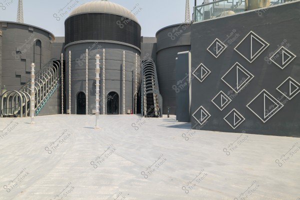 An image of a modern building with a distinctive architectural design featuring circular and rectangular geometric shapes. The large dome at the top includes prominent design details. The walls are decorated with prominent triangular and diamond geometric shapes. In the center, there are large tubular metal entrances, and the wide pathway in front of the building is covered with a smooth concrete surface.