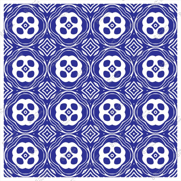 نمط هندسي مزخرف أزرق وأبيض يتضمن أشكال دائرية وزخارف متداخلة.