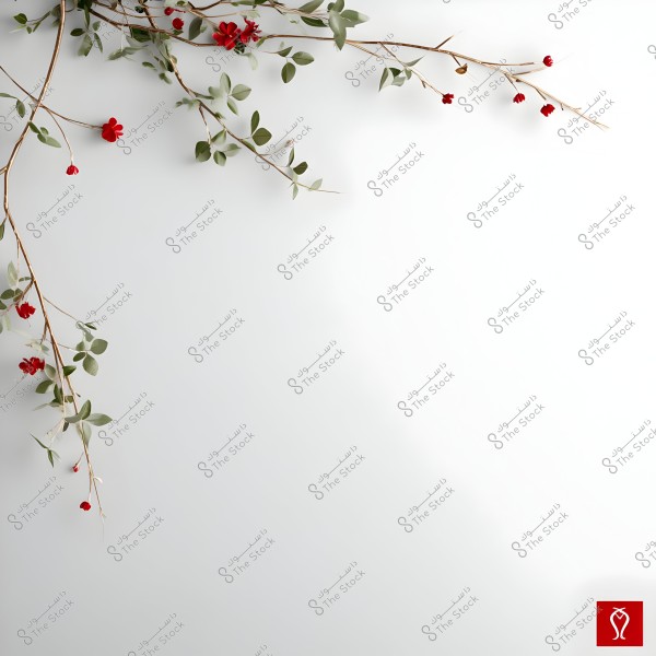 A long branch extending from the top left corner, filled with green leaves and small red flowers, against a simple white background. In the bottom right corner, a small icon with red colors is visible.