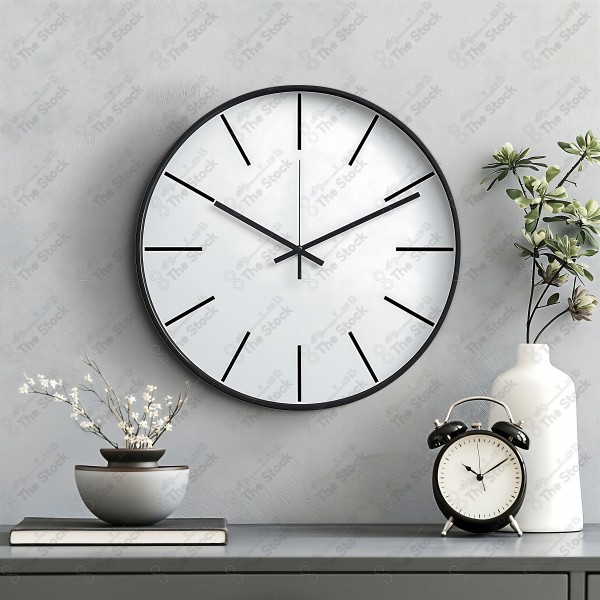 Round black and white wall clock on a gray wall, table with a book, small potted plant, and a small alarm clock by AI