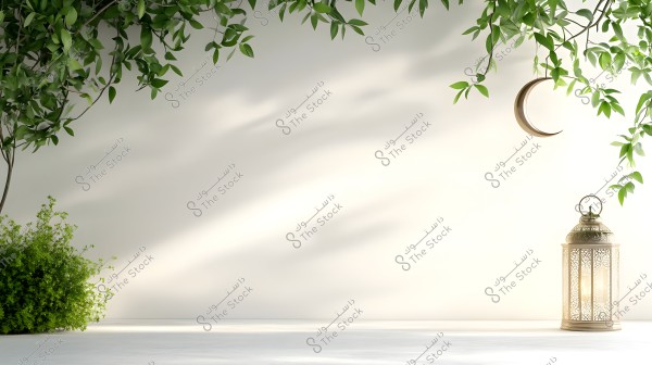 An image featuring an ornate golden lantern on a well-lit white surface, accompanied by a hanging golden crescent moon. Green leaves hang down from the top of the image, adding a natural and serene touch.