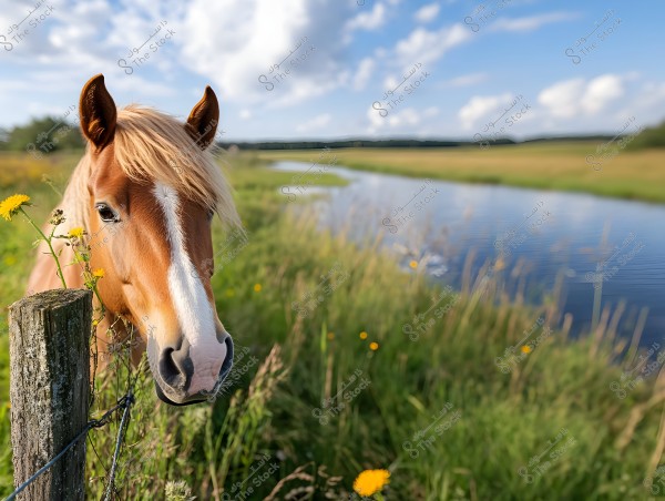 A photo of a horse with brown fur and blonde mane standing next to a wooden fence in a green meadow. Behind the horse, a small river flows through the natural landscape under a blue sky with white clouds. Yellow flowers can be seen near the horse.