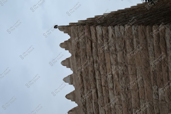 The image depicts a section of a long stone wall extending diagonally across the frame. The wall is constructed from light brown stones and features protrusions along the edge closest to the camera. A small bird is perched on one of the protrusions at the end of the wall. The background shows a calm blue sky.