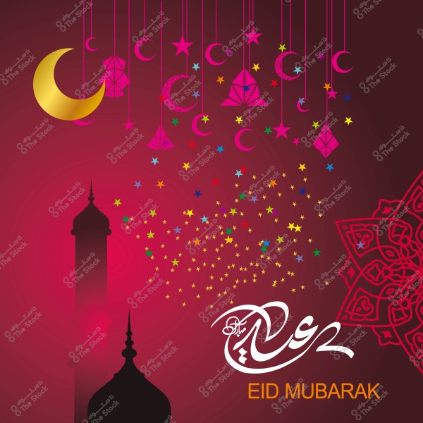 تصميم زخرفي لعيد مبارك مع هلال ونجوم على خلفية حمراء, وشكل مئذنة في الظل.