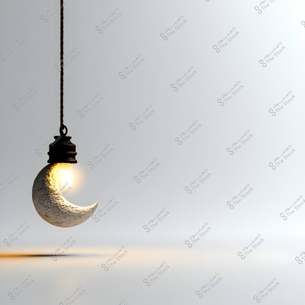 Image of a crescent-shaped lamp hanging by a cord against a simple, soft background. The lamp emits a warm light, accentuating the crescent\'s sculptural design and highlighting its carved details.