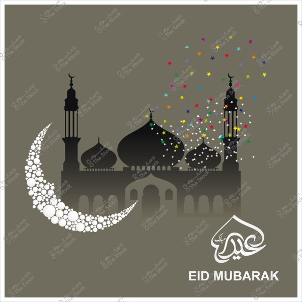 صورة توضح مسجدًا بتصميمه التقليدي مع هلال كبير مكون من دوائر بيضاء على الجانب الأيسر, ومجموعة من النجوم الملونة تتطاير نحو الأعلى. في الزاوية السفلية اليمنى توجد عبارة "عيد مبارك" باللغتين العربية والإنجليزية.

-