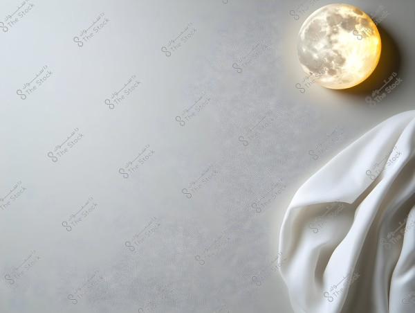 An image showing an illuminated moon in the upper right corner on a soft light gray background. Next to the moon, there is a portion of white flowing fabric in the lower right corner.