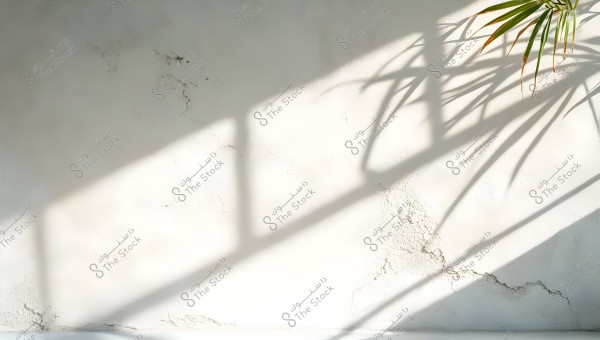 The image shows a yellowish-white wall with some cracks and shadows falling on it from an open window, with the shadow of a hanging plant on the top right side.