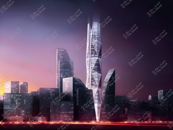 A nighttime city skyline featuring modern skyscrapers under a sky with hues of purple and orange. The buildings are attractively illuminated, adding a futuristic architectural impression to the city.