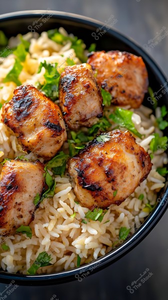 صورة لطبق يحتوي على قطع من الدجاج المشوي, موضوعة فوق أرز أبيض مزين بأوراق الكزبرة الخضراء الطازجة في وعاء أسود. تظهر قطع الدجاج بجلد مقرمش وذهبي اللون.