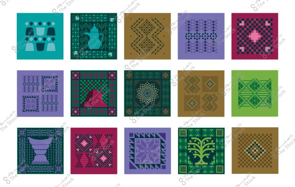 The image contains sixteen squares arranged in a grid. Each square features a different geometric design with various colors, including blue, green, brown, purple, and pink. The designs appear to be inspired by traditional art and may include elements like deserts, camels, and a palm tree.