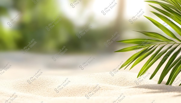 An image depicting a soft sandy beach in the foreground, with a branch of green palm leaves on the right side. The background is blurred, giving an impression of a sunny and bright day, with cheerful natural light filtering through the leaves.