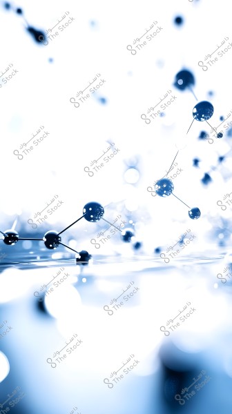 An abstract image of molecules connected by rods, showing spherical shapes in blue and silver connected by thin lines against a blurred glowing background in white and blue. The focus on the spherical shapes highlights the shadows and shimmering points around them.