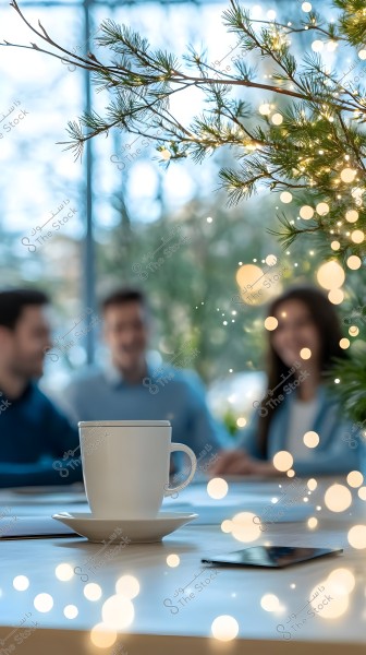 An indoor scene showing a white mug on a table, with a tree branch featuring twinkling lights in the foreground. In the background, three people are seated, blurred out, with small lights creating a warm and festive atmosphere.