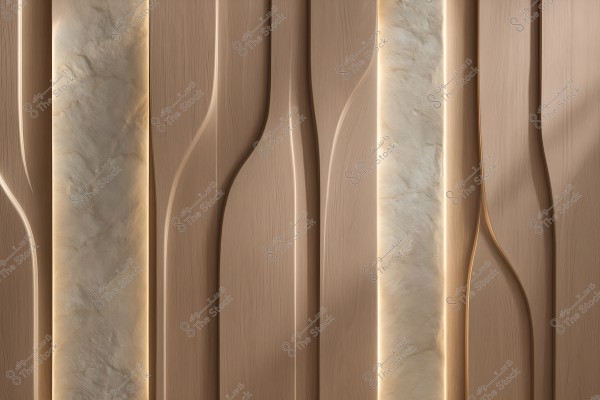Wall design featuring vertical wooden panels with carved lines and integrated lighting strips. The light wood blends with marble-like beige sections that have soft lines.