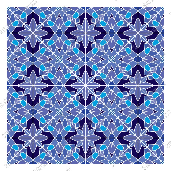 تصميم زخرفي إسلامي بأشكال هندسية متماثلة باللونين الأزرق والأبيض.