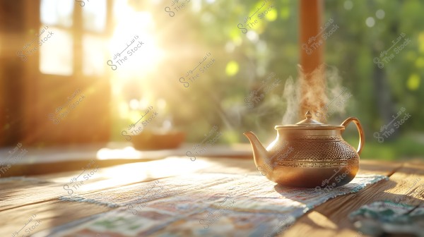 A copper teapot with decorative engravings is placed on a wooden outdoor table. Steam is rising from it, suggesting a warm, sunlit ambiance with a blurred green background of trees and plants.