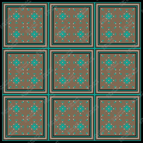 Symmetrical geometric design consisting of nine squares with a blue and green pattern on a brown background.