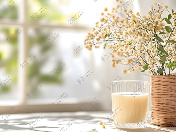 صورة تظهر كوبًا من الحليب على طاولة بيضاء بجانب مزهرية مصنوعة من الخوص تحتوي على أزهار بيضاء صغيرة. الضوء يدخل من نافذة تظهر جزئياً في الخلفية, مما يضيف طابعاً ضوئياً ولطيفاً إلى الصورة.