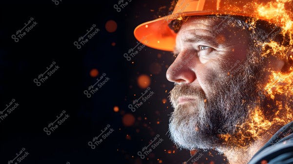 صورة لرجل يرتدي خوذة برتقالية اللون, ملامحه تظهر بتفاصيل واضحة مع خلفية سوداء. جانبه الأيمن يبرز وكأن هناك إشعاعات ضوئية برتقالية متوهجة على وجهه ولحيته. الصورة تركز على تعابير وجهه.