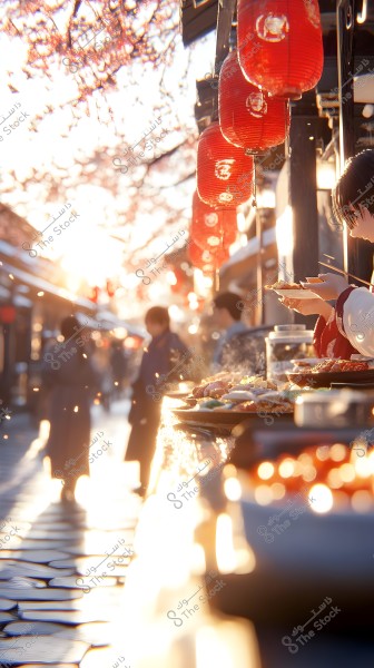 An image of a night market with a Japanese atmosphere, featuring illuminated red lanterns hanging above. A person in traditional clothing is using chopsticks to eat from a plate. In the background, people are seen walking on the cobblestone street under glowing lights and falling cherry blossoms.