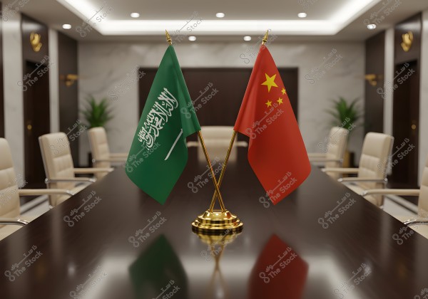 Two small, matching flags placed on a wooden conference table in an elegant meeting room. The first flag is the green flag of Saudi Arabia featuring the Shahada and a sword, and the second flag is the red flag of China with yellow stars. The background includes high-back leather chairs, decorative plants, and wall decor.