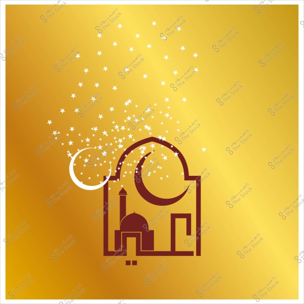Illustration featuring a stylized mosque with a crescent moon and stars on a golden background.