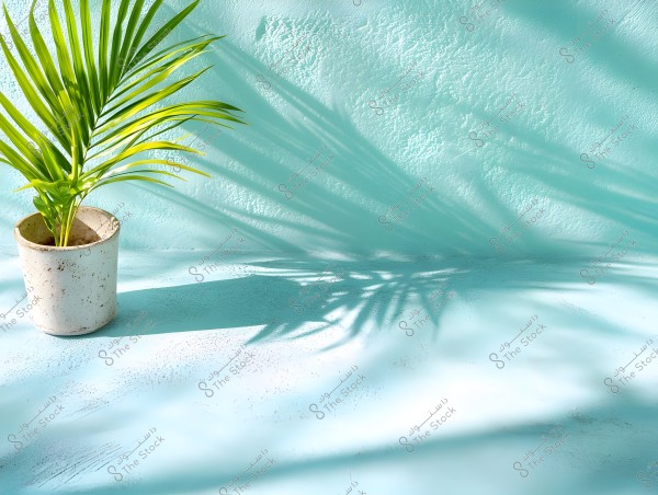 Image of a potted plant on a blue surface with a blue wall background. The plant has long, green leaves, and sunlight casts shadows on the surface and wall.