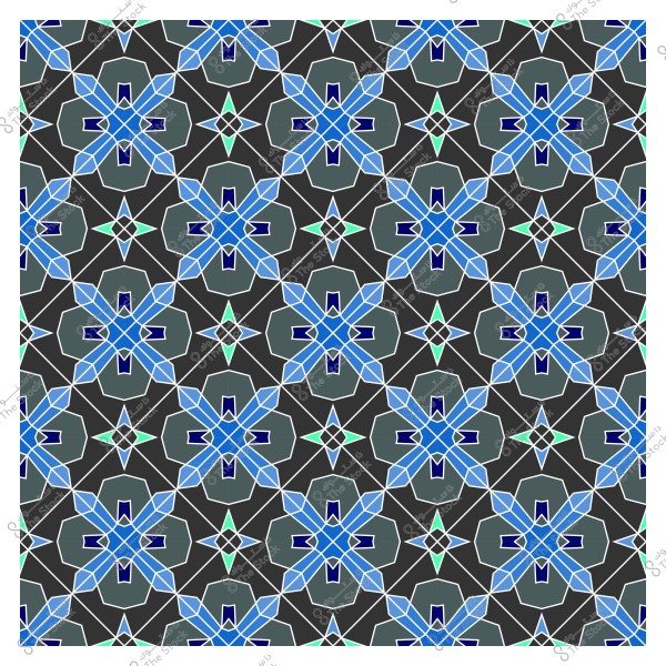 نمط هندسي إسلامي بألوان زرقاء وخضراء وخلفية رمادية داكنة.