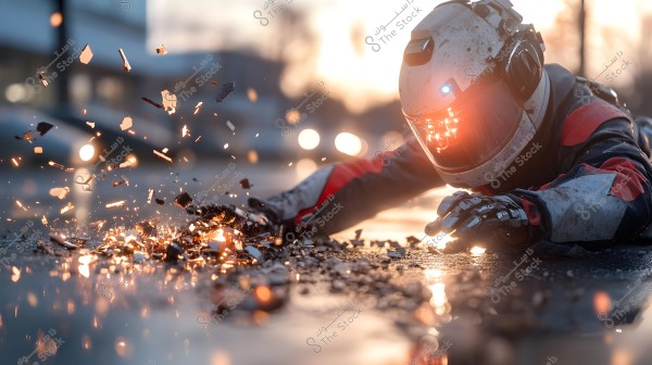 A person wearing a protective suit and a helmet with a reflective visor leans towards the ground. Glowing fragments are flying through the air around them, creating a scene of motion and sparks. The background is blurred with bright lights adding a dramatic effect to the image.