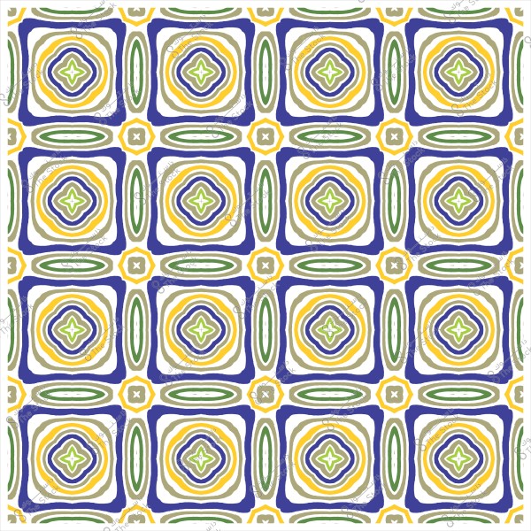 نمط تكراري زخرفي بألوان الأزرق والأخضر والأصفر بتصميم عضوي يحتوي على أشكال مربعات ودوائر متداخلة.