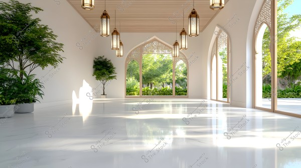 The image shows the interior of a modernly designed building with large arched windows and a shiny white floor. Elegant lighting fixtures of Eastern style hang from the ceiling. Green plants decorate the sides, and the large windows overlook a lush outdoor scene filled with green trees and flowers.