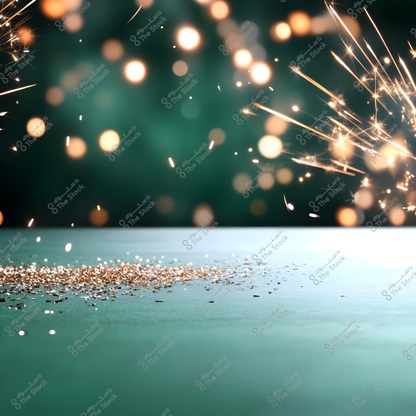 Soft bokeh lights in a dark green background with sparkling golden sparks in the top right corner, and small shiny particles scattered on a flat surface below.