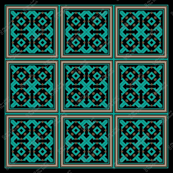 تصميم بلاط بنقوش هندسية باللون الأزرق والأسود مع تفاصيل معقدة.