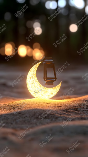 An outdoor scene featuring a luminous golden crescent placed on sandy ground within a forest, with a small metallic lantern hanging on the crescent. The background is blurred, showcasing warm, bohemian-style lights.