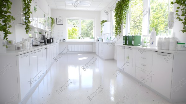 An image of a bright, modern room with all-white decor. The room features neatly arranged white cabinets, adorned with green plants hanging from above, creating a natural and soothing atmosphere. Products and bottles are neatly placed on the countertops. Large windows allow natural light to flood the room, with a view of green trees outside.