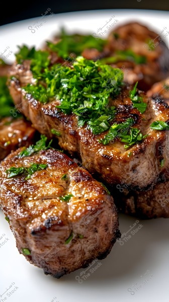 Grilled meat pieces topped with fresh herbs, well-charred with a glossy finish from the natural juices. The pieces are attractively arranged on a white plate, reflecting precision and culinary expertise.