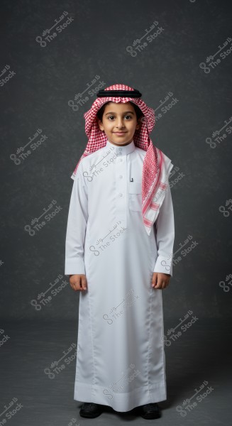 A portrait of a boy wearing a white thobe, a red and white ghutra, and a black agal, standing against a dark gray background. The boy is smiling and looking directly at the camera. The clothing appears to be traditional from the Gulf region, possibly Saudi Arabia.