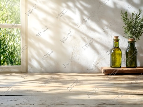 The image shows two olive oil bottles placed on a wooden shelf near a window illuminated by sunlight. The first bottle contains olive oil, while the second is decorated with herb branches. The wall and window in the background give the space a sense of tranquility and nature.