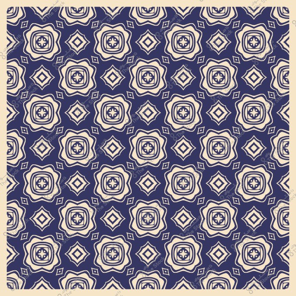 نمط هندسي أزرق مع أشكال متماثلة تشبه الورود والنجوم.