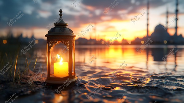 A lit lantern placed on a shoreline at sunset. A mosque is visible in the background with a sky colored in orange and blue, adding a serene and peaceful atmosphere to the scene.