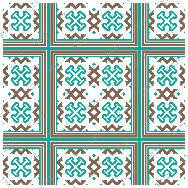 نمط زخرفي تقليدي بألوان البني والأزرق الفيروزي يتكرر في تصميم هندسي مربعات متقاطعة.