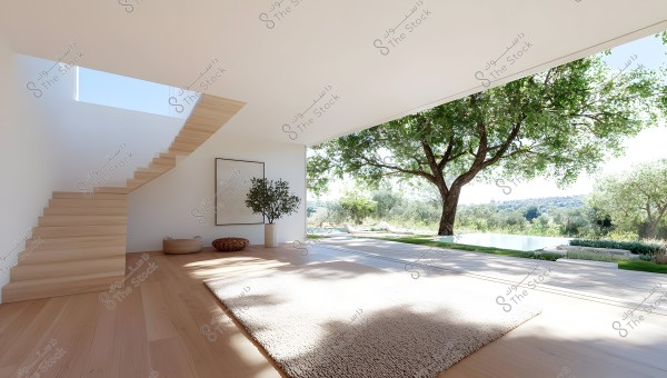 The image depicts an open-plan modern living room with wooden flooring and a light-colored rug. There\'s a wooden staircase in the left corner and green decorative plants at the edge. The room is bright due to the white walls and large windows that reveal a natural outdoor view featuring green trees and a swimming pool. The outdoor scene appears sunny and peaceful.