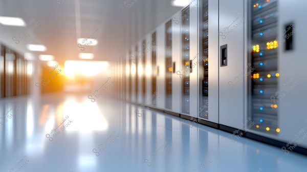 An image of an indoor data center showing long rows of servers secured within metal racks in a well-lit corridor. Some yellow and blue lights on the servers indicate they are operating. The shiny floor reflects the light emitted from the equipment, with a slight glow at the end of the corridor.